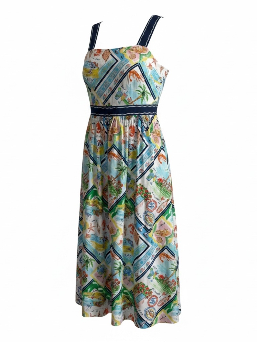Talbots Multicolor Travel-Print Midi Dress with Navy Straps EUC size 8